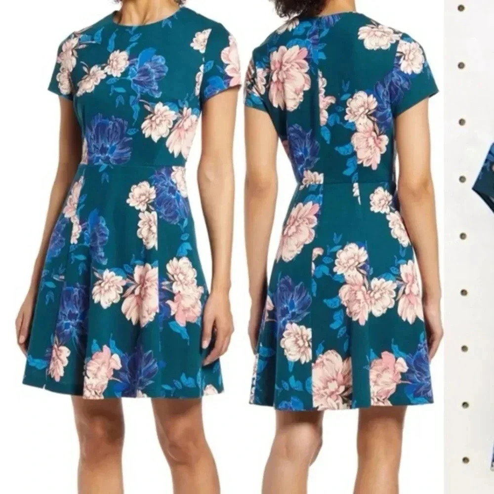 Eliza J Fit & Flare Short Sleeve Dress‎ in Pine Floral Stretchy Jewel - Size 14